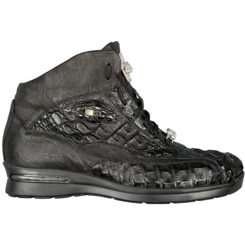 Fennix Italy 3276 Black Genuine Hornback Crocodile / Rugged Calf Sneakers With Swarovski Crystals Alligator Head And Eyes